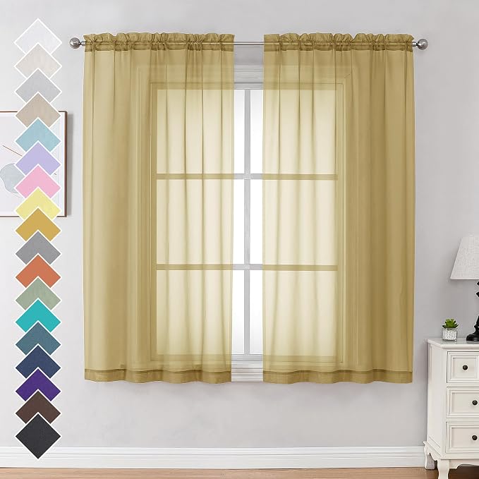 OVZME Gold Sheer Curtains 63 Inches Long 2 Panels by OVZME