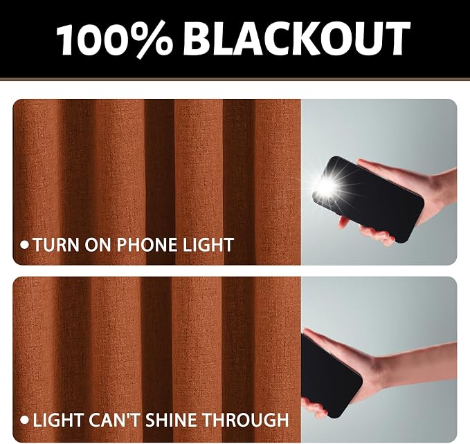 Yakamok Burnt Orange Linen Curtains 100% Blackout 72 Inches Long, Room - Image 2