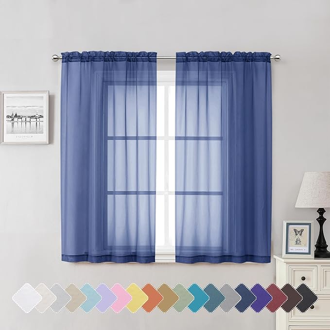 Lecloud Royal Blue Sheer Curtains 54 Inch Length 2 Panels, Voile Light by Lecloud