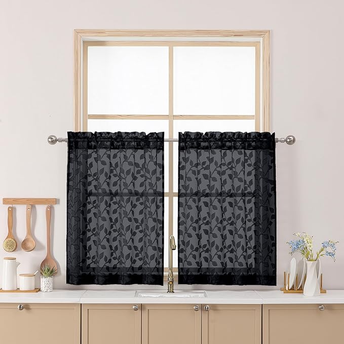 Chyhomenyc Black Sheer Curtains 30 Inch Length, Light Filtering Leaf Tufted by Chyhomenyc