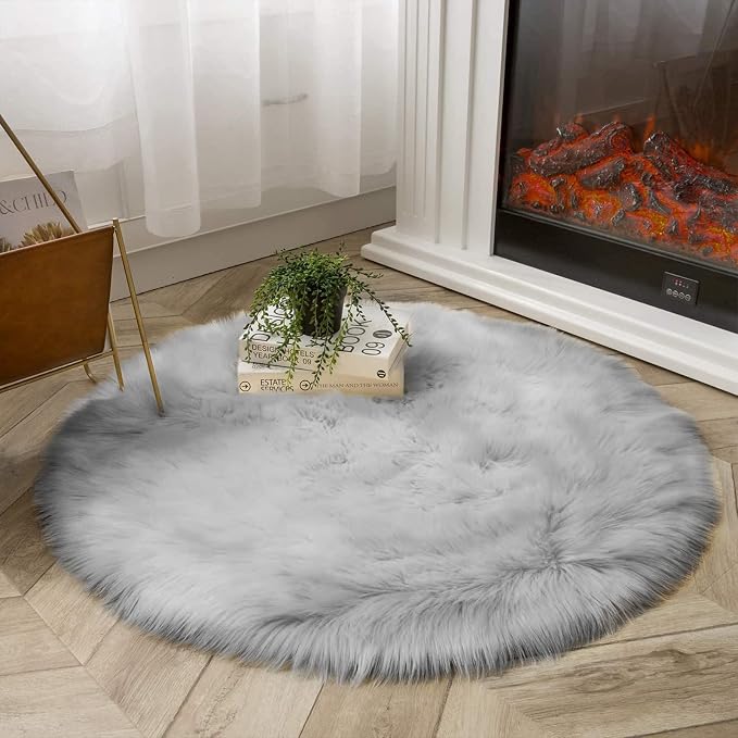Latepis Round 3ft Small Fur Rug Grey Fluffy Faux Sheepskin Cute Circle Rugs - Image 8