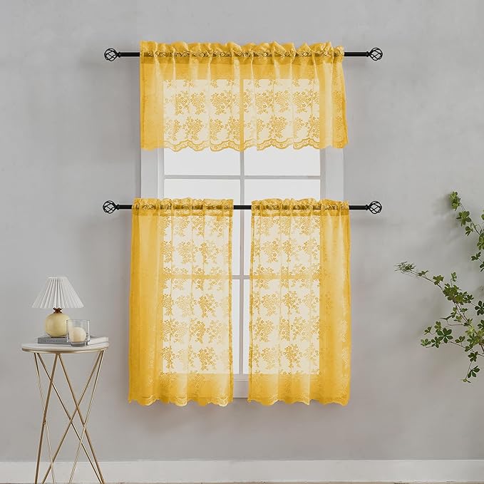 YJ YANJUN Vintage Lace Curtains 36 Inch Length- Victorian Floral 70s Mustard - Image 5