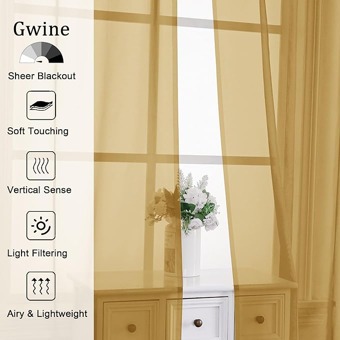 Gwine Gold Sheer Curtains 30 Inch Length, Short Light Filtering Voile Small - Image 3