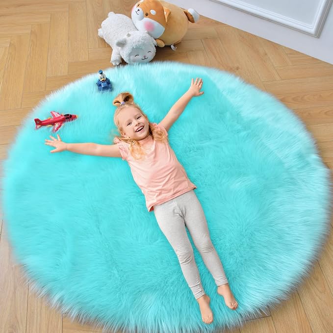 duduta Turquoise Blue Faux Sheepskin Round Rug 4x4 ft, Fluffy Shag Fur Bedroom - Image 4