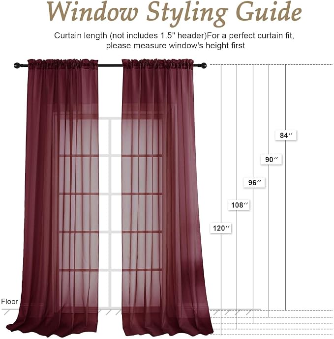 OVZME Burgundy Sheer Curtains 120 Inches Long 2 Panels Set, 59 Inch Extra Wide - Image 2