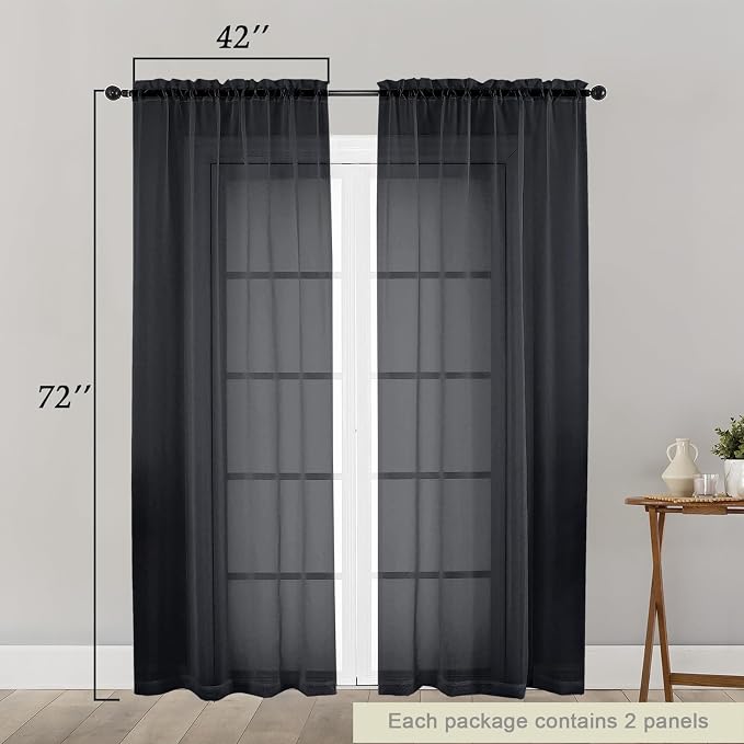 Black Sheer Curtain for Bedroom Living Room 72 Inches Long 2 Panels Set - Image 2
