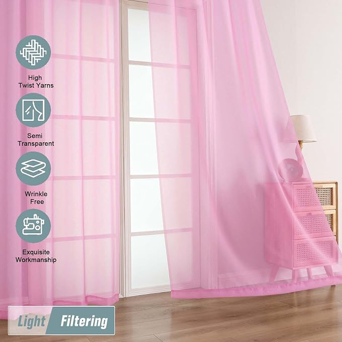 Light Pink Sheer Curtains 63 Inch Length 2 Panels, Voile Sheer Curtain - Image 5