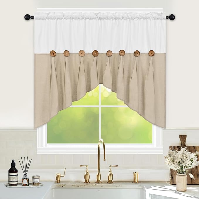 FRAMICS Farmhouse Swag Curtain, Boho Cotton Linen Valance Curtain, Rustic by FRAMICS