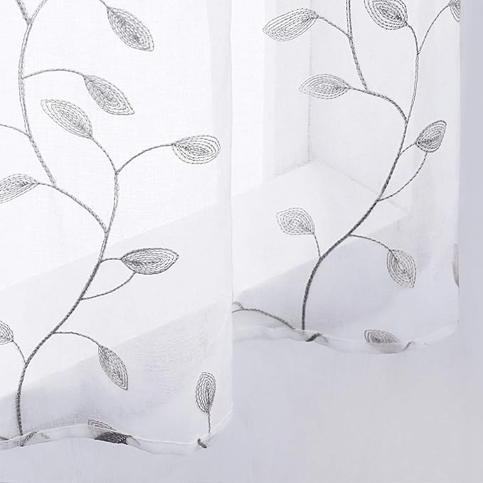 MRTREES Sheer Voile Curtain Valances, Leaves Embroidered Valance Curtains Rod - Image 5