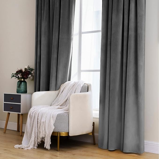 MIULEE Grey Velvet Curtains 90 inches 2 Panels - Image 7