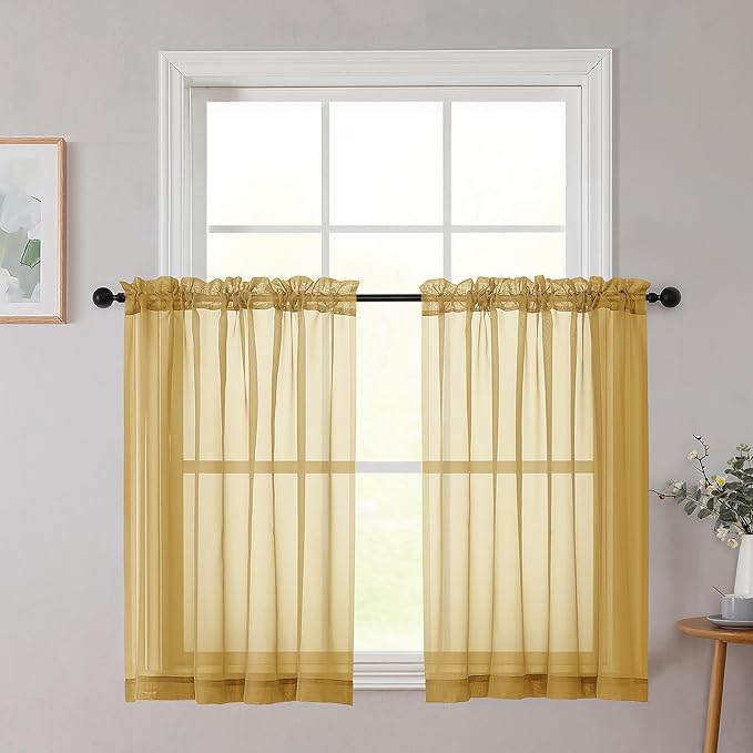 Chyhomenyc Gold Sheer Curtains 30 inch Length 2 Panels, Light Filtering Voile by Chyhomenyc