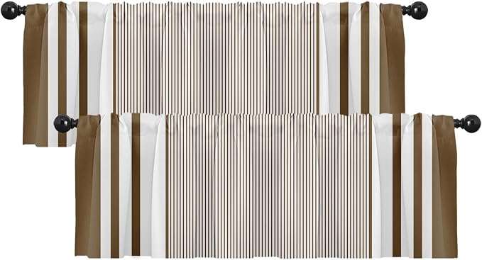Emvency 2 Pack Valances Window Treatments, Striped Brown Minimalist Neutral by Emvency