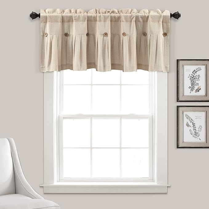 Lush Decor Linen Button Farmhouse Valance Curtians 52"W x 18"L Dark Linen by LushDecor