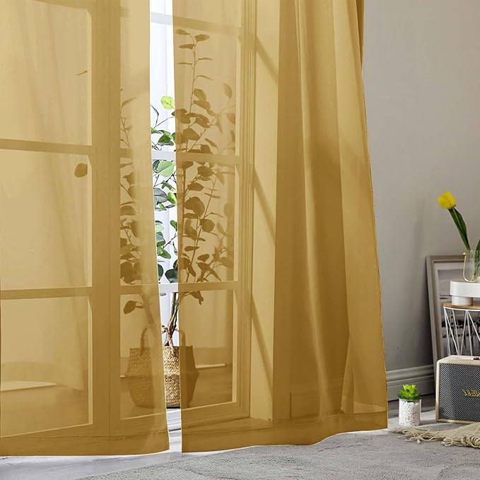 Gold Sheer Curtains 84 Inches Long 2 Panels, Soft Airy Light Filtering Curtains - Image 9