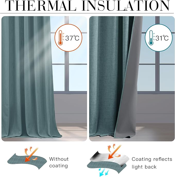 RYB HOME 100% Blackout Linen Textured Curtains 96 inches Long, Thermal - Image 4