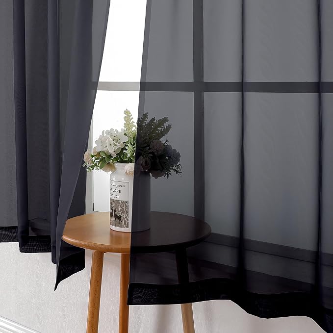 Lecloud Black Sheer Curtains 50 Inch Length 2 Pcs, Light Filtering Bedroom - Image 6