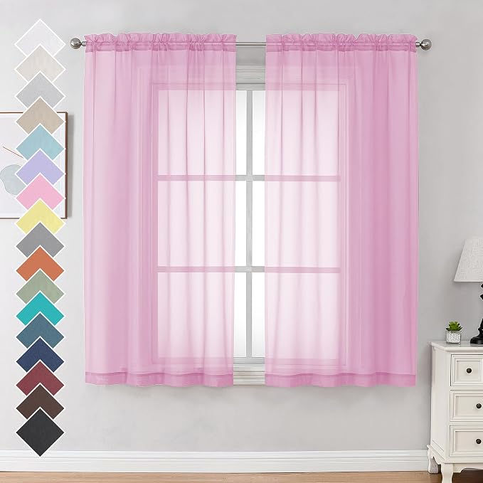OVZME 2 Pack Pink Sheer Curtains 63 Inch Length, Light Filtering Window Curtain by OVZME