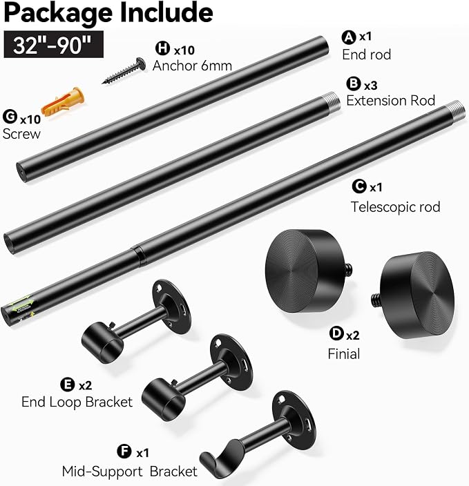 YaFex Heavy Duty Curtain Rods 32-90 Inch, 1 Inch Adjustable Black Curtain Rod - Image 7