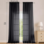OWENIE Extra Long Black Sheer Curtains 144 inch 2 Panels Set, Translucent - Image 2