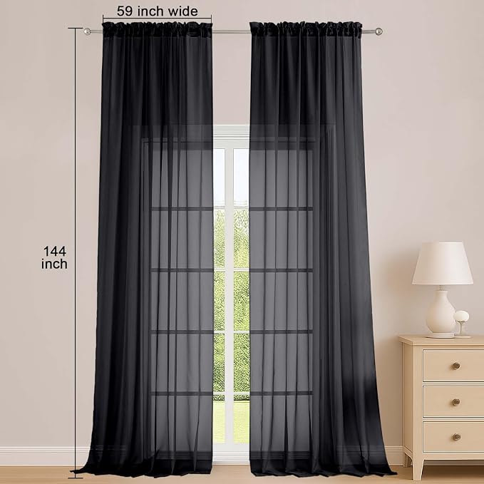 OWENIE Extra Long Black Sheer Curtains 144 inch 2 Panels Set, Translucent - Image 2