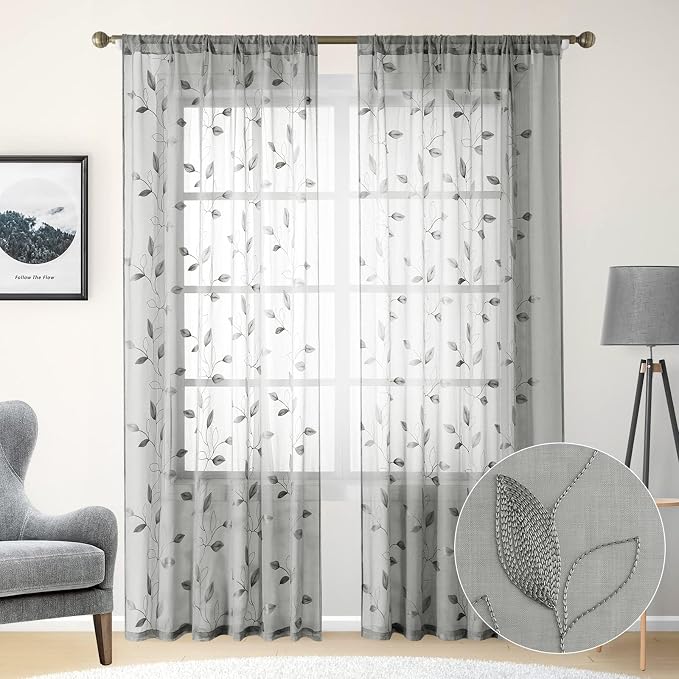 HOMEIDEAS Light Grey/Gray Sheer Curtains 52 X 96 Inches Long 2 Panels by HOMEIDEAS