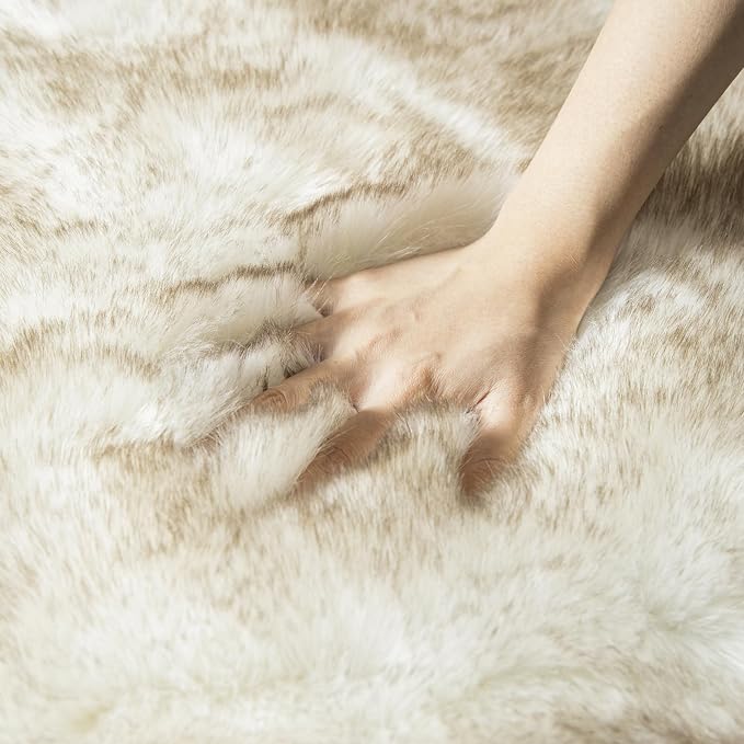 Ashler Ultra Soft Faux Fox Fur Rug White Brown Fluffy Area Rug, Carpets Fluffy - Image 2