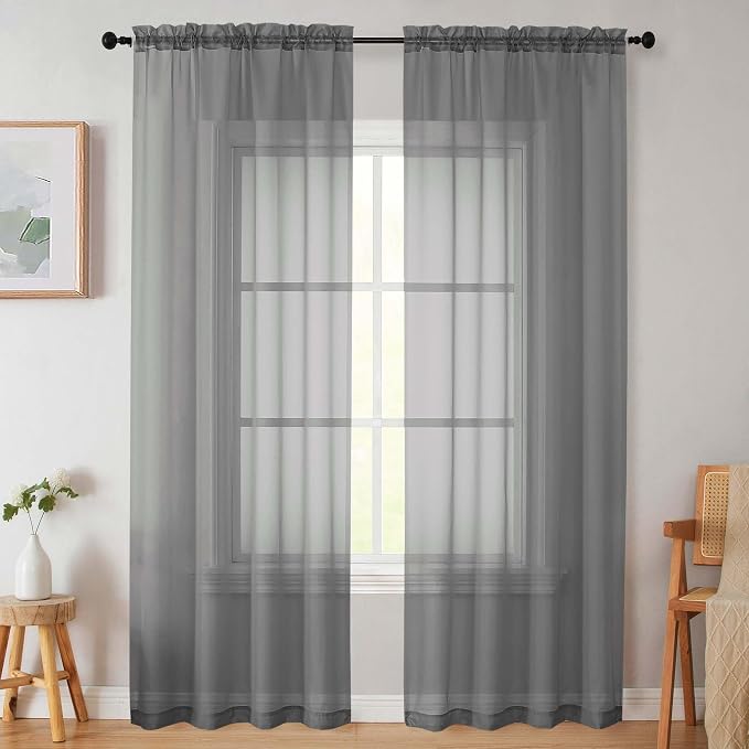 Sheer Grey Curtains for Bedroom Living Room 90 Inches Long 2 Panels Set by WelvetBLK