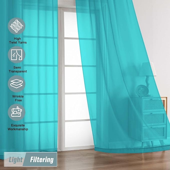 Turquoise Sheer Curtains 90 Inches Long 2 Panels, Light Filtering Solid Sheer - Image 5