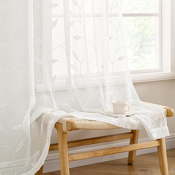 MIULEE Ivory Sheer Curtains 2 Panels Embroidered Leaf Patterned Rod Pocket - Image 2