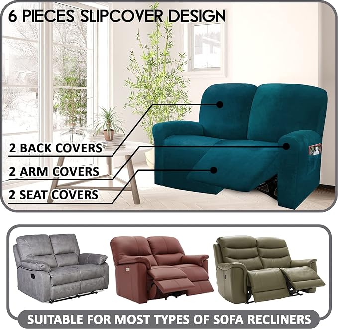 ULTICOR Reclining Love Seat Slipcover, 6-Piece Velvet Stretch Loveseat - Image 2