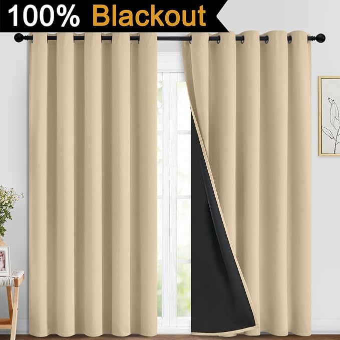 Yakamok Beige 100% Blackout Curtains, Thermal Insulated Total Blackout Drapes - Image 2