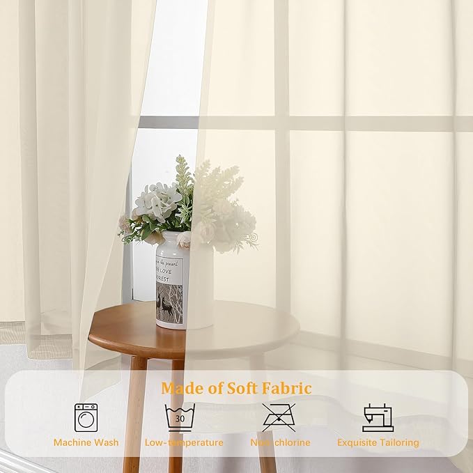 Gwine Cream Sheer Curtains 90 Inches Long 2 Panels Set, Light Filtering Solid - Image 7