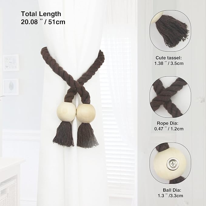 4 Pack Magnetic Curtain Tiebacks Cotton Hand Woven Tie Back Decorative Rope - Image 3
