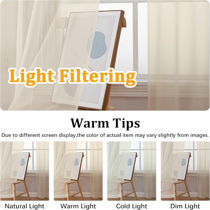 Gwine Cream Sheer Curtains for Bedroom 54 inches Long 2 Panels, Light Filtering - Image 5