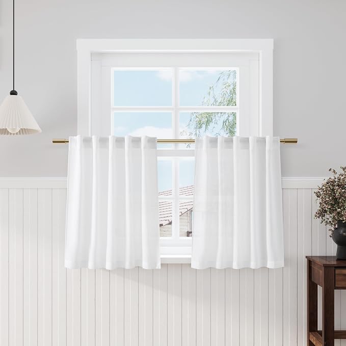 White Linen Kitchen Curtains 30 Inches Long 2 Panels Back Tab Rod Pocket by Nanspring