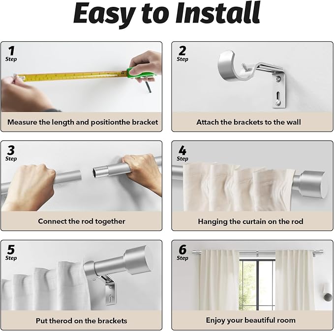 GEEBOBO Silver Curtain Rods for Windows 48 to 84 Inch, 1 Inch Adjustable Heavy - Image 7