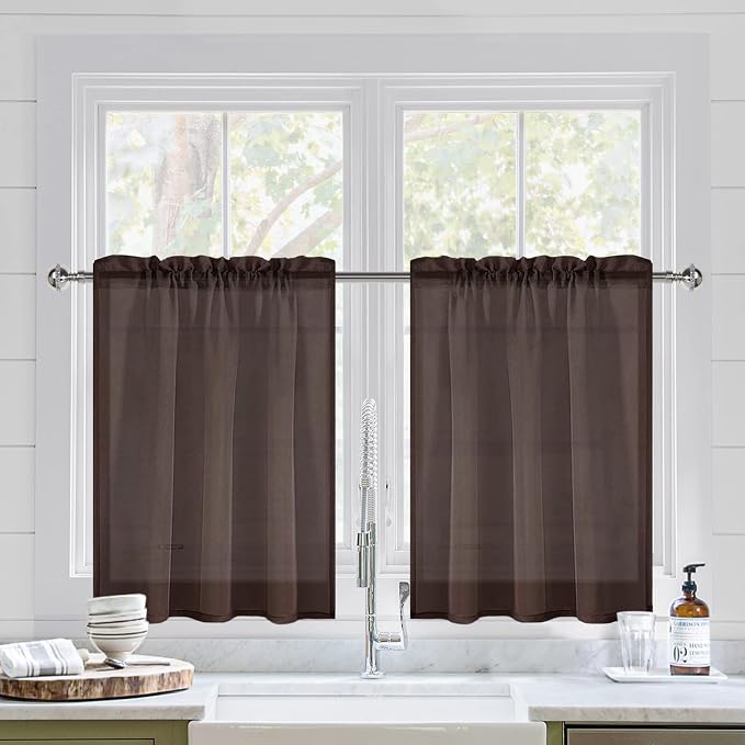 DWCN Brown Sheer Curtains for Kitchen Windows by DWCN