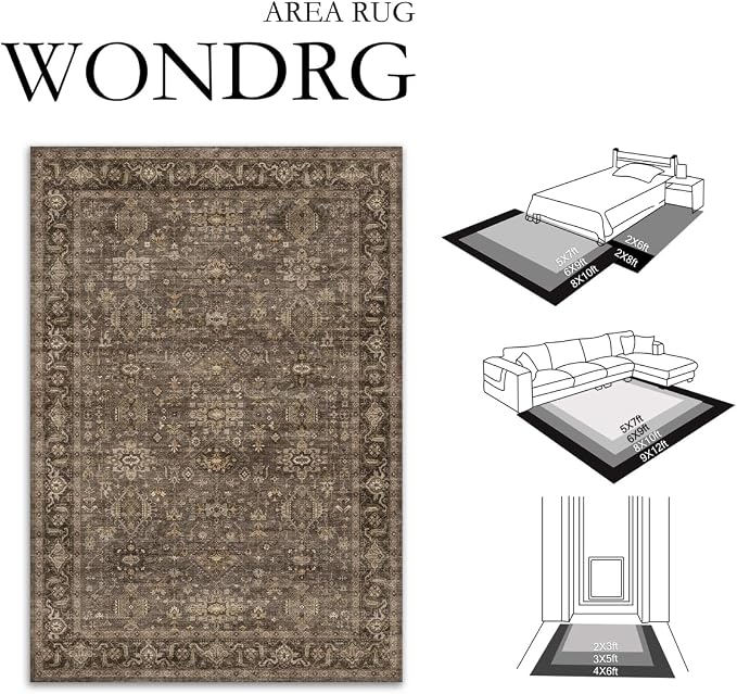 10x14 Washable Area Rug for Living Room Bedroom Vintage Brown Non Slip Carpet - Image 2