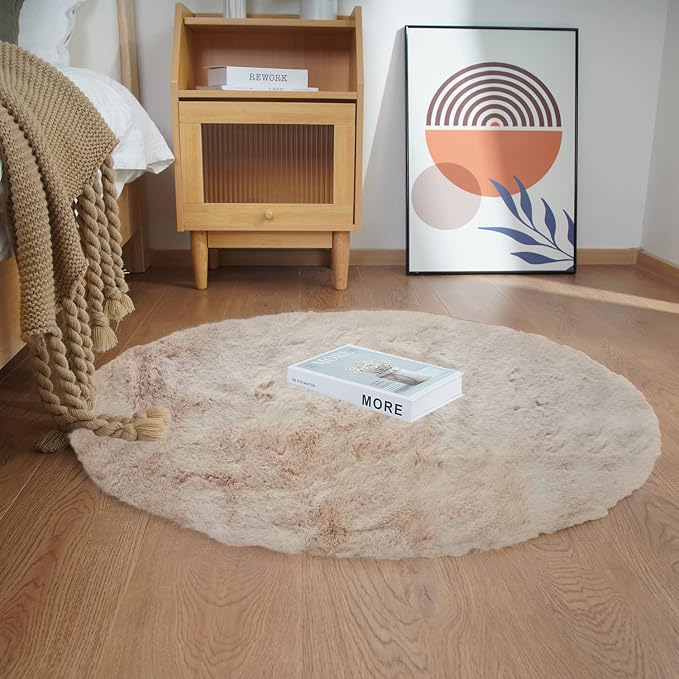 Ghouse Faux Rabbit Fur Round Rug 5ft Light Brown Beige Round Rugs - Image 2