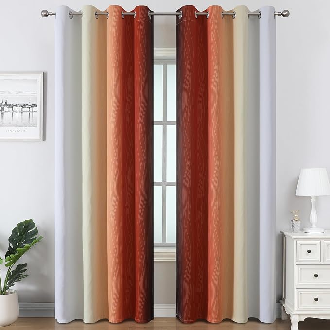 Estelar Textiler Burnt Orange and Greyish White Ombre Blackout Curtains 90 Inch - Image 2