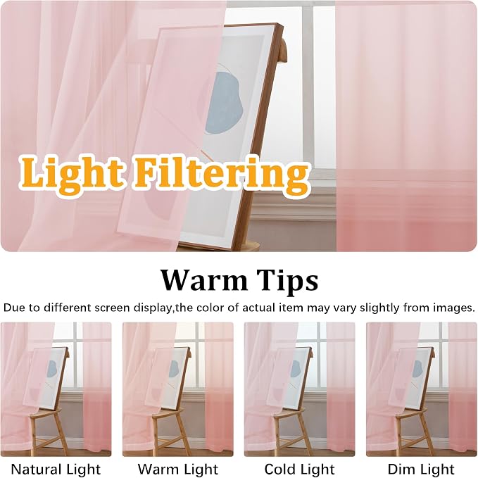 Gwine Blush Pink Sheer Curtains 96 Inches Long 2 Panels, Elegant Window - Image 5