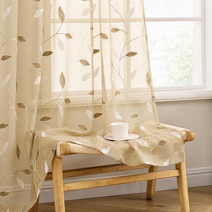 MIULEE Khaki Sheer Curtains 2 Panels Embroidered Leaf Patterned Rod Pocket - Image 2