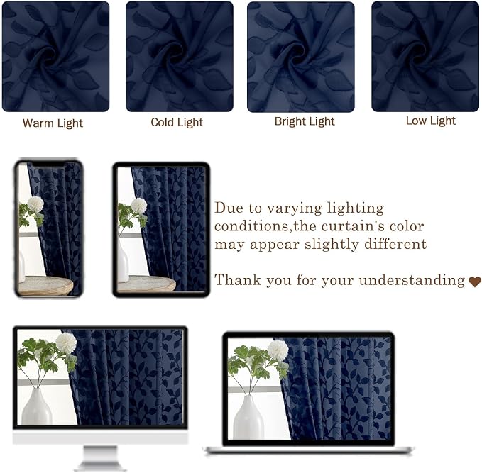 Chyhomenyc Navy Blue Sheer Curtains 30 Inch Length, Light Filtering Leaf Tufted - Image 3