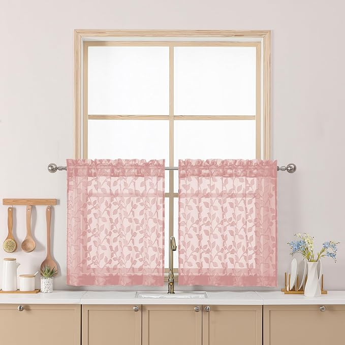 Chyhomenyc Blush Pink Sheer Curtains 24 Inch Length, Light Filtering Leaf by Chyhomenyc