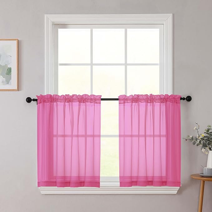 Kitchen Curtains 24 Inch Length Tier 2 Pieces, Hot Pink Sheer Curtain Solid by WelvetBLK