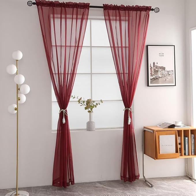 SpaceDresser Basic Rod Pocket Sheer Voile Window Curtain Panels Wine Red 1 Pair - Image 2
