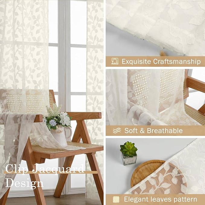 Chyhomenyc Extra Long Ivory Sheer Curtains 108 Inch Length 2 Panels Set - Image 7