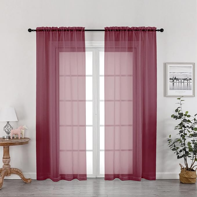 OWENIE Burgundy Red Sheer Curtains 72 Inches Long 2 Panels Set, Transparent by OWENIE