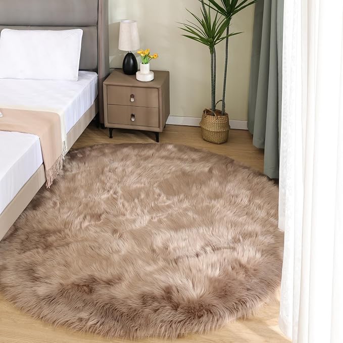 Latepis Light Brown Beige Round Area Rugs 5ft Faux Fur Fuzzy Rugs - Image 2
