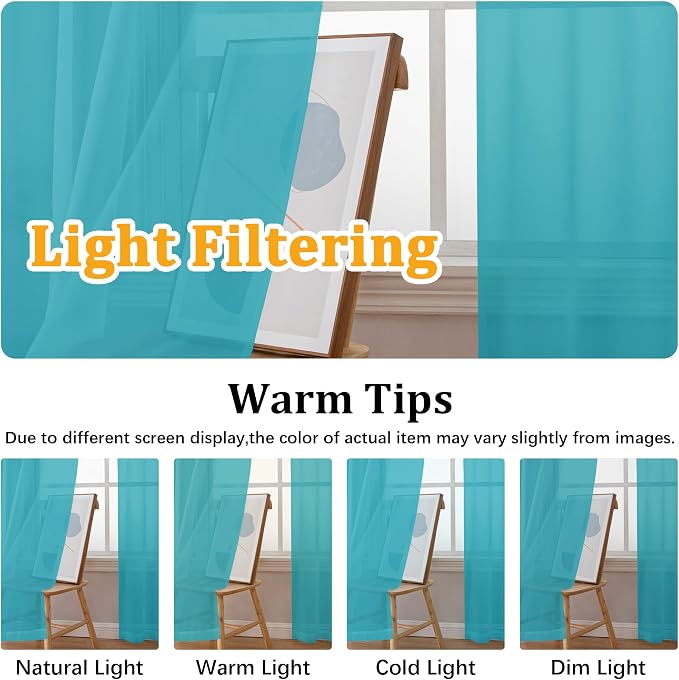 Gwine Turquoise Sheer Kitchen Curtains 36 Inch Length, Light Filtering Voile - Image 5